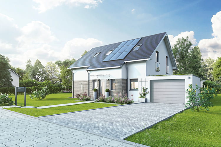 Modernes Sectionaltor in Anthrazit vor Doppelgarage