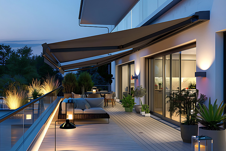 Markise über einer Terrasse am Abend