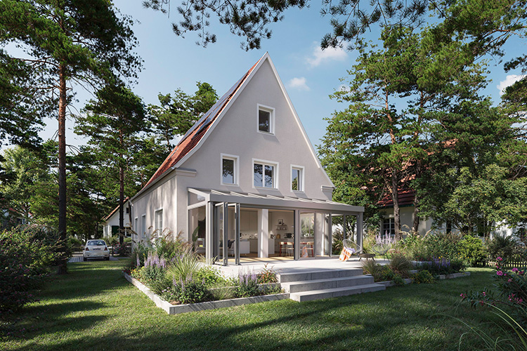 Der Avario Smart mit innenliegenden Sparrenprofilen und glatter äußerer Dachfläche fügt sich harmonisch in unterschiedliche Architekturen ein.