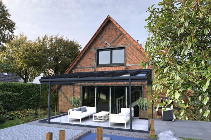 Solarlux liefert zum Angebot stets eine individuelle Visualisierung der Terrassenüberdachung – direkt am Haus oder am Standort im Garten.
