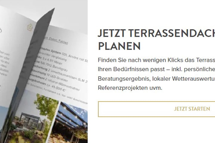 Auf der Solarlux Webseite dient der Konfigurator als Bedarfsabfrage und führt zum passenden Modell. Die Fachberatung folgt im nächsten Schritt.